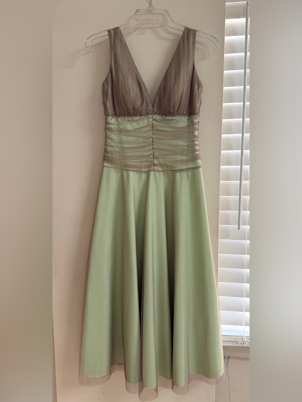 JS Boutique Mint Green and Mauve Gown with Beaded Waist